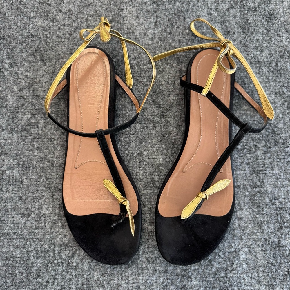 MARNI Ankle Wrap Thong Sandals Black Gold Womens Size 39.5 US 8.5